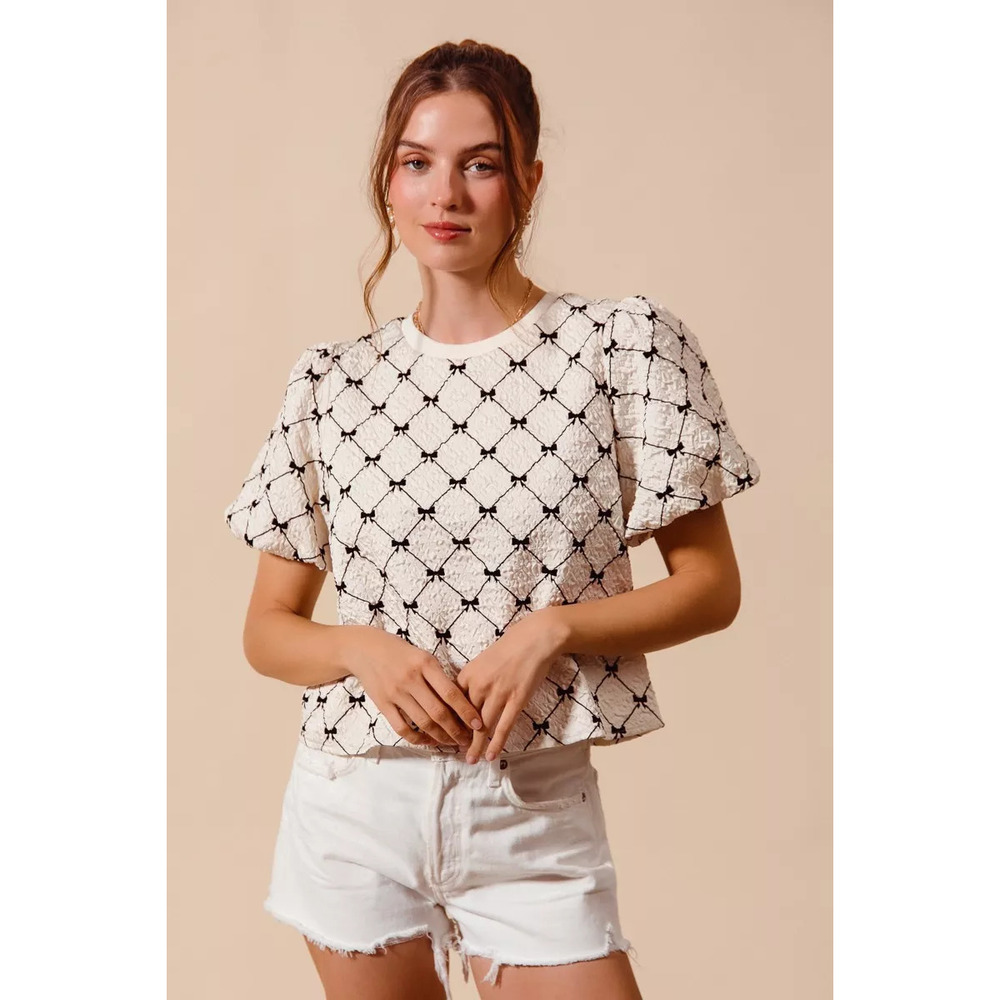 SO ME Bow Texture Woven Bubble Sleeve Top
